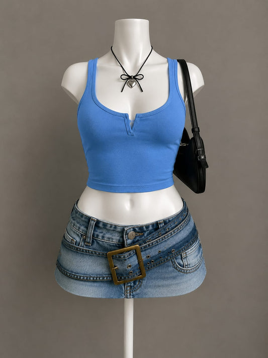 Sky Blue Ribbed V-Notch Neck Crop Top