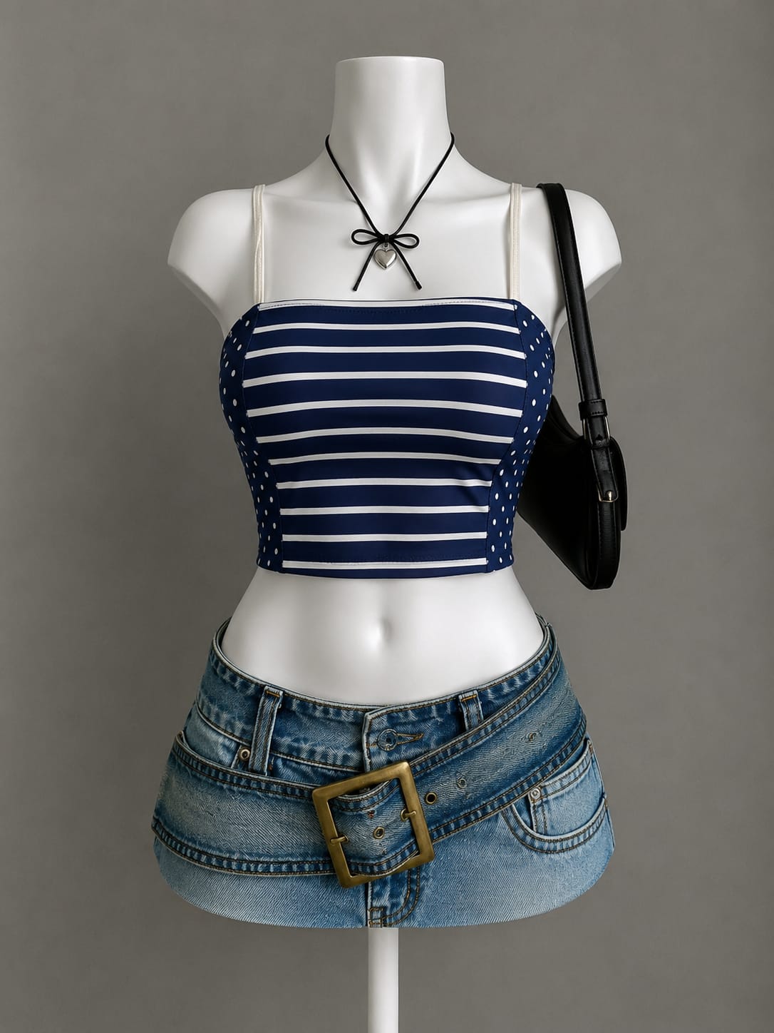 Navy Blue Stripe & Polka Dot Mixed Strapless Crop Top - Front View