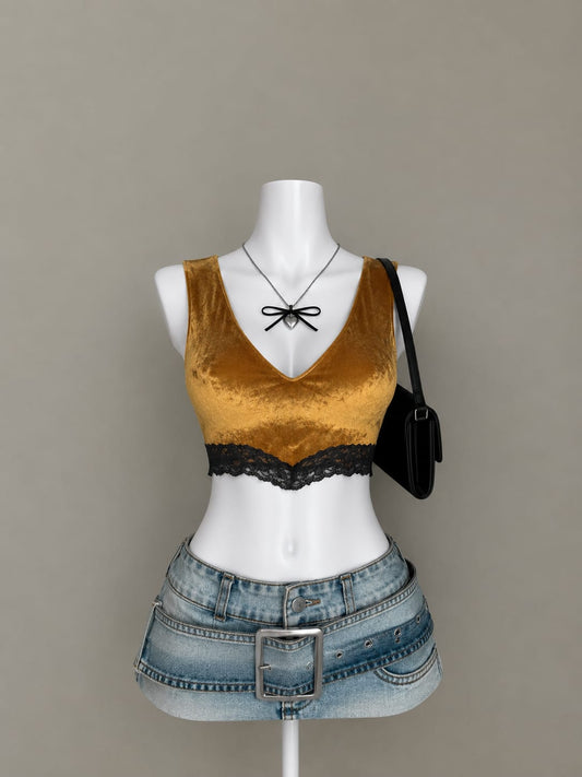 Golden Velvet Lace Hem Crop Top