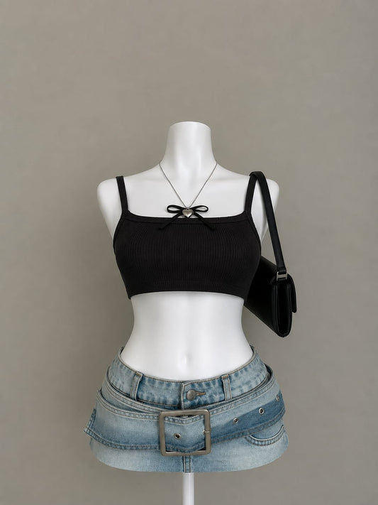 Black Ribbed Square Neck Crop Top - Front View