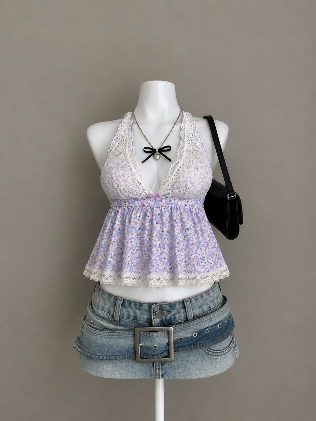 Lavender Floral Lace Trim Babydoll Halter Top - Front View