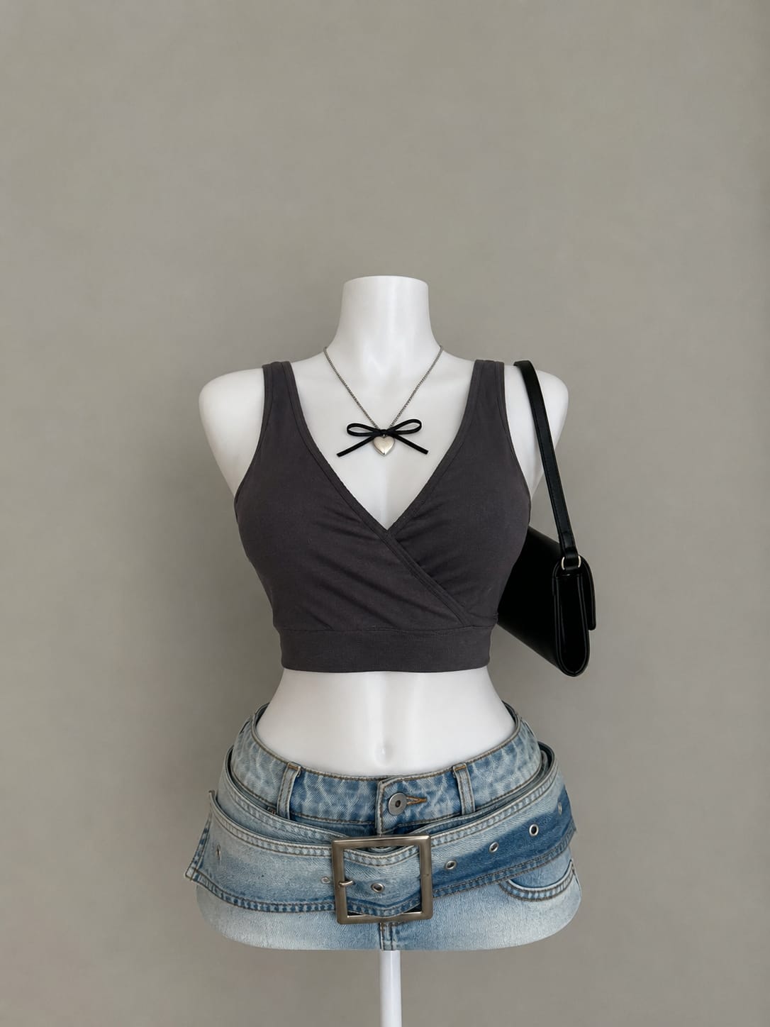 Charcoal Grey Wrap V-Neck Crop Top - Front View