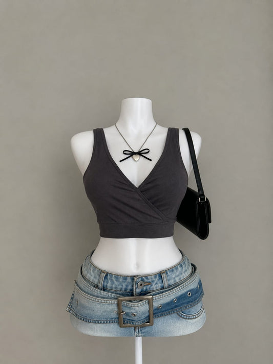 Charcoal Grey Wrap V-Neck Crop Top - Front View