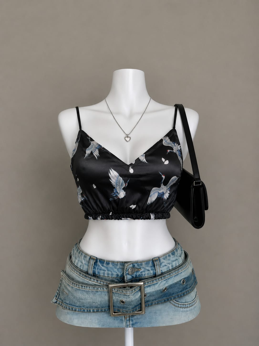 Black Satin Crane Print Crop Top - Front View