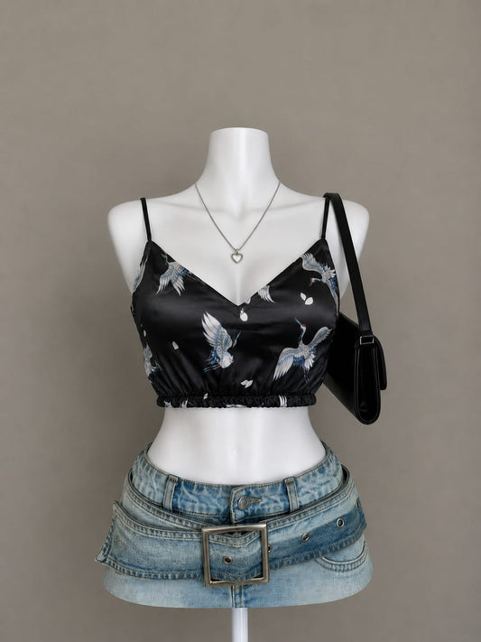 Black Satin Crane Print Crop Top - Front View