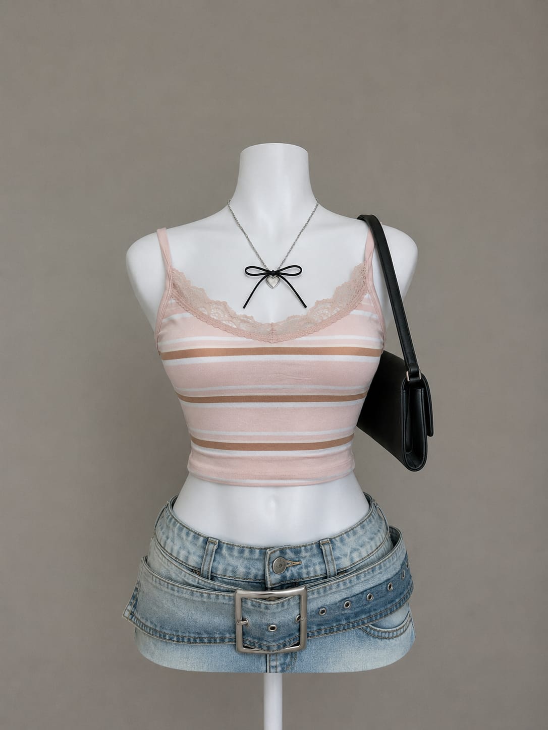 Blush Pink Striped Lace Trim Crop Top - Front View