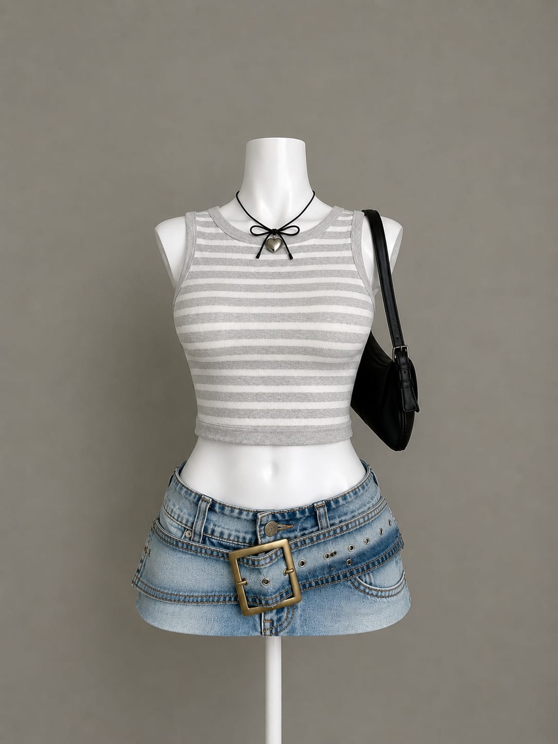 White & Grey Striped Ribbed Crop Top - Front View