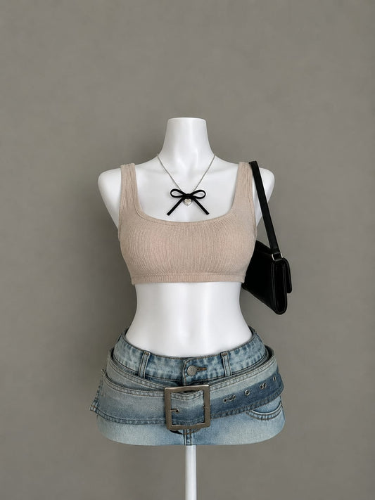 Beige Ribbed Textured Crop Top - Front View