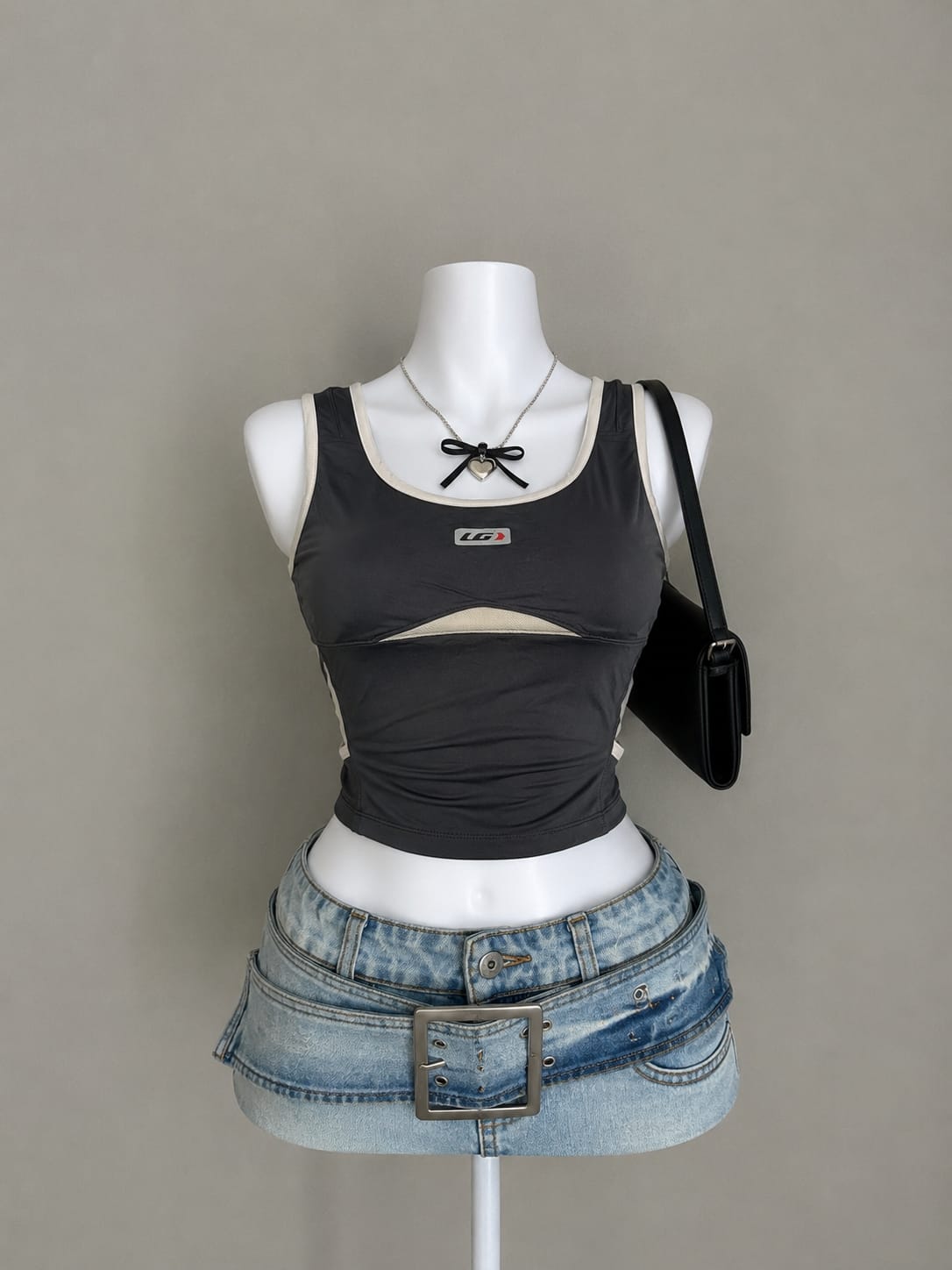 Charcoal Grey Cutout Crop Top - Front View