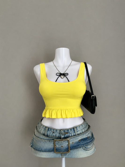 Yellow Ruffle Hem Crop Top - Front View