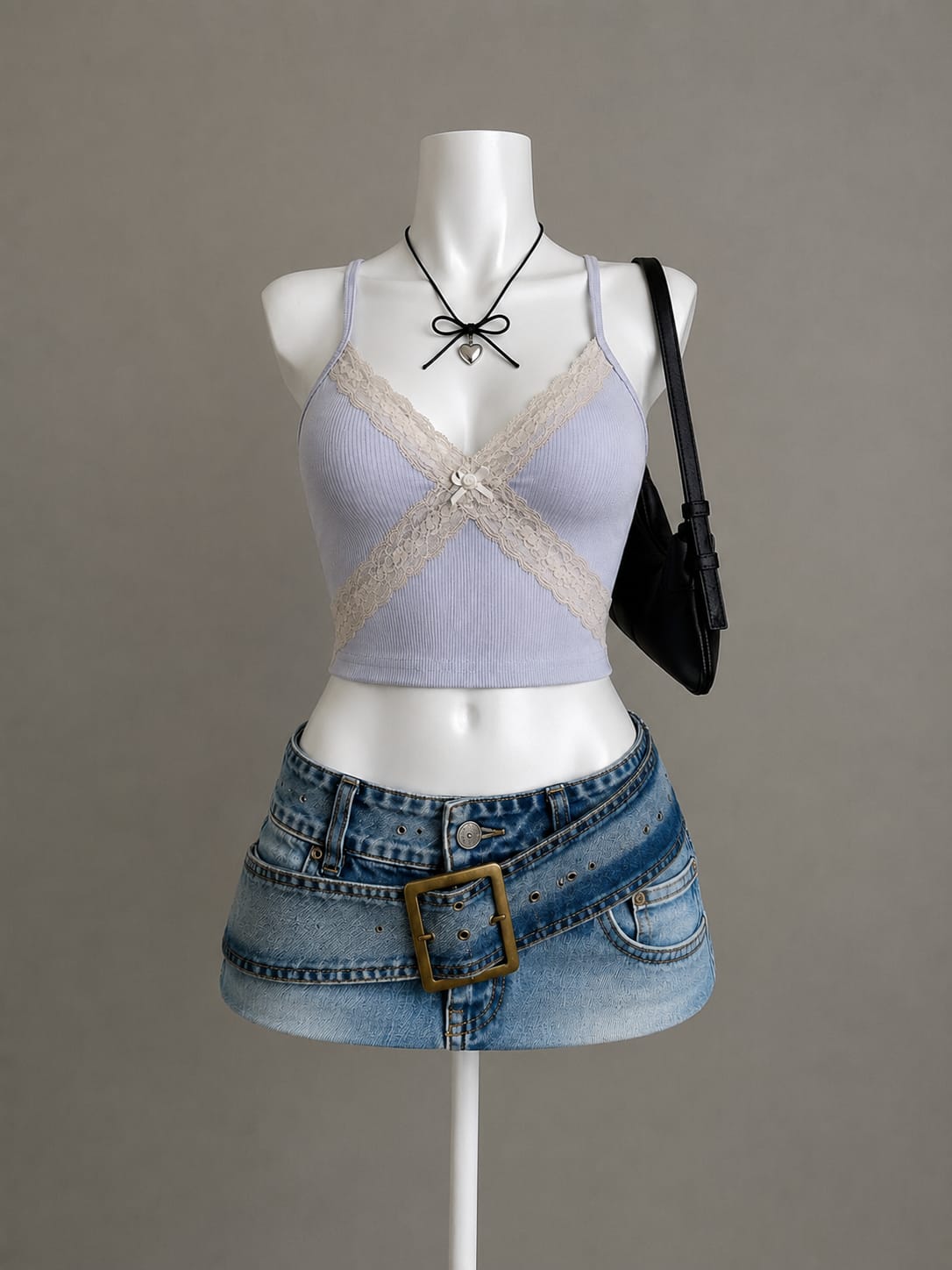 Light Blue Ribbed Criss-Cross Lace Crop Top - Front View