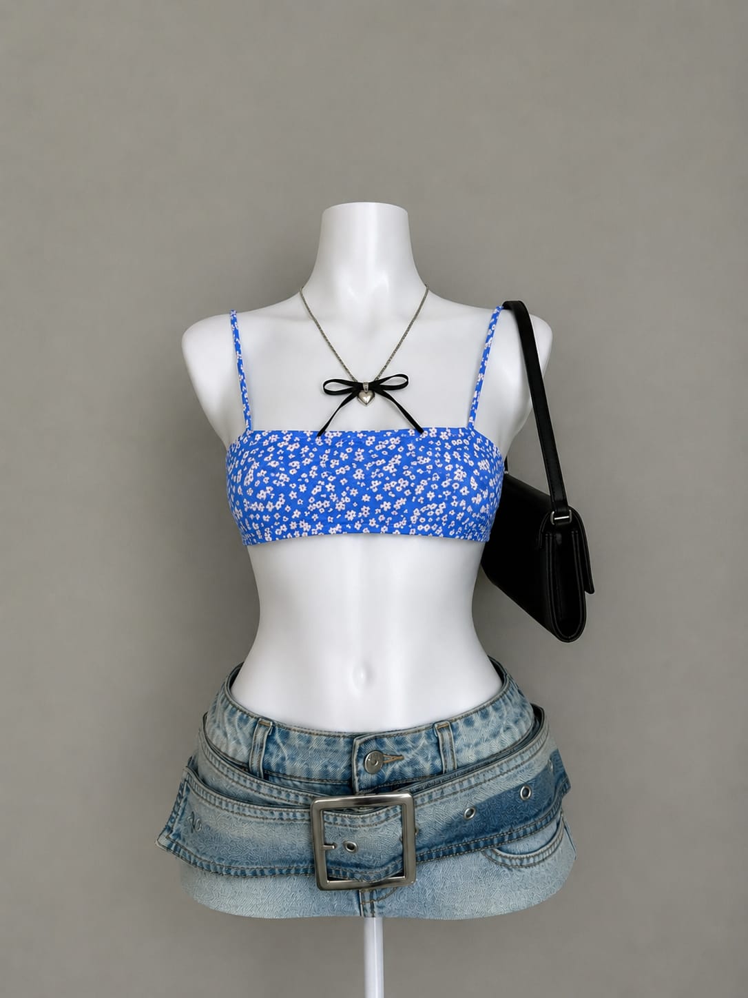 Blue Ditsy Floral Bandeau Crop Top - Front View