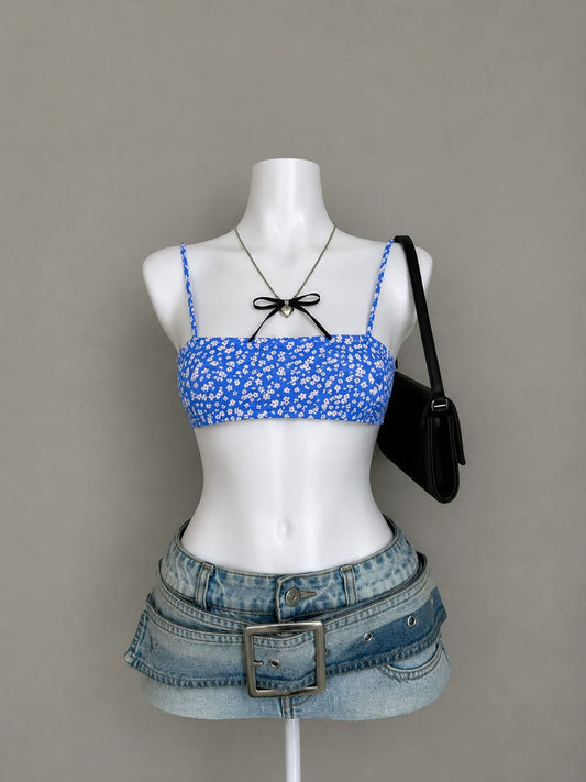 Blue Ditsy Floral Bandeau Crop Top - Front View