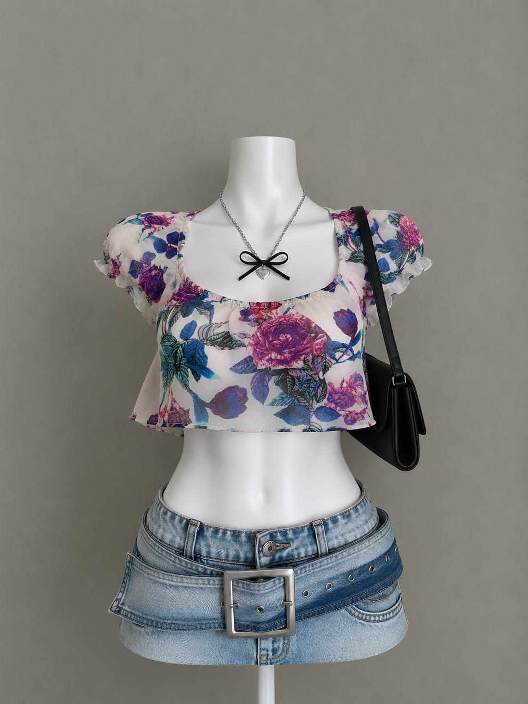 White Floral Puff Sleeve Crop Top - Front View