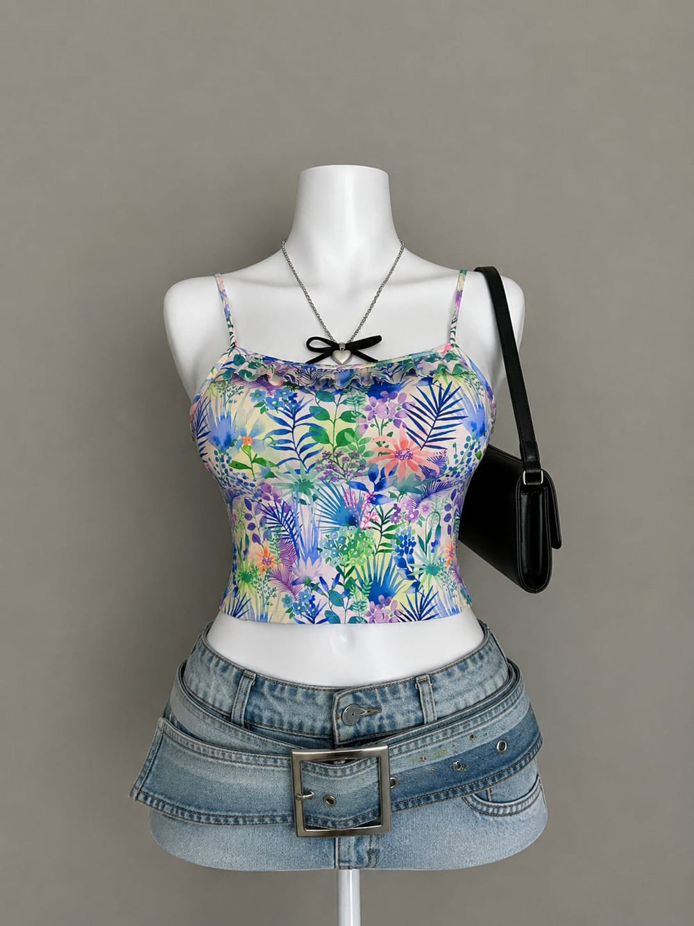 Tropical Botanical Print Mesh Crop Top - Front View