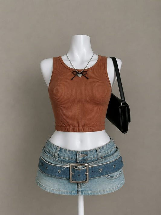 Brown Ribbed Crop Top