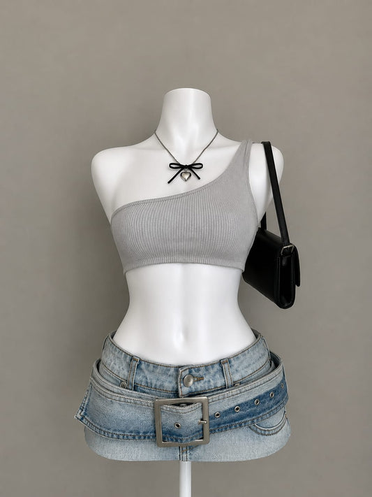 Grey one-shoulder ribbed crop top - front view on mannequin