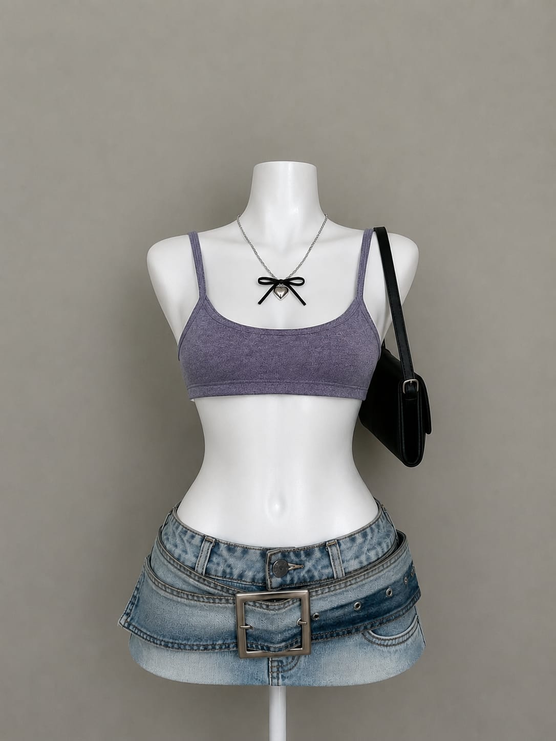 Purple spaghetti strap crop top - front view on mannequin