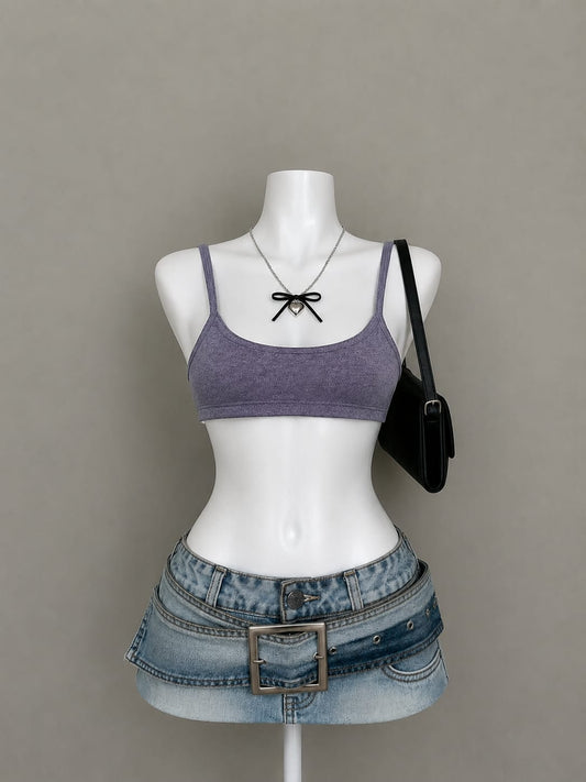 Purple spaghetti strap crop top - front view on mannequin