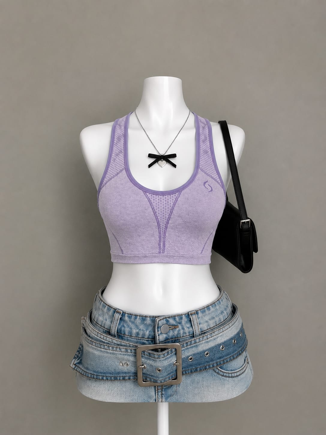Lavender racerback lace crop top - front view on mannequin