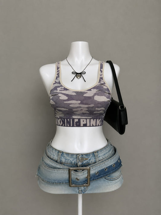 Grey camo print crop top - front view on mannequin