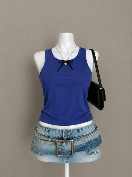 Royal blue ribbed tank crop top - front view on mannequin