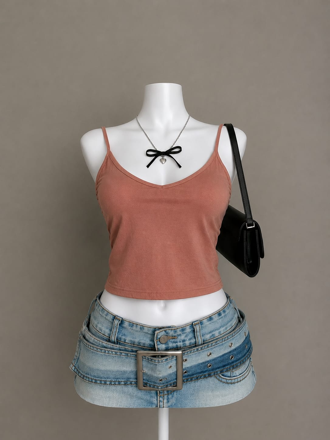 Terracotta spaghetti strap crop top - front view on mannequin