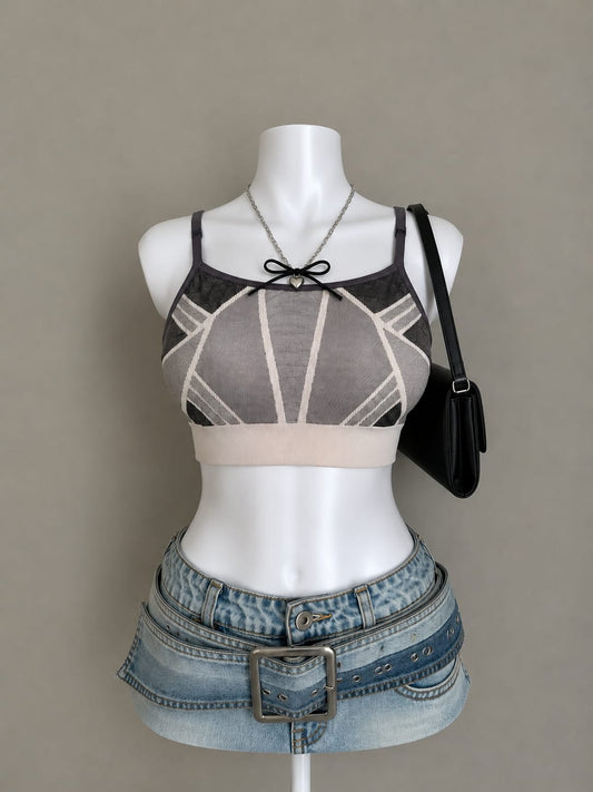 Black mesh geometric crop top - front view on mannequin