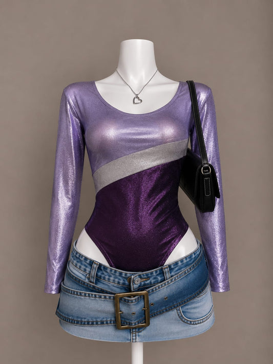 Purple Metallic Color Block Bodysuit – F19