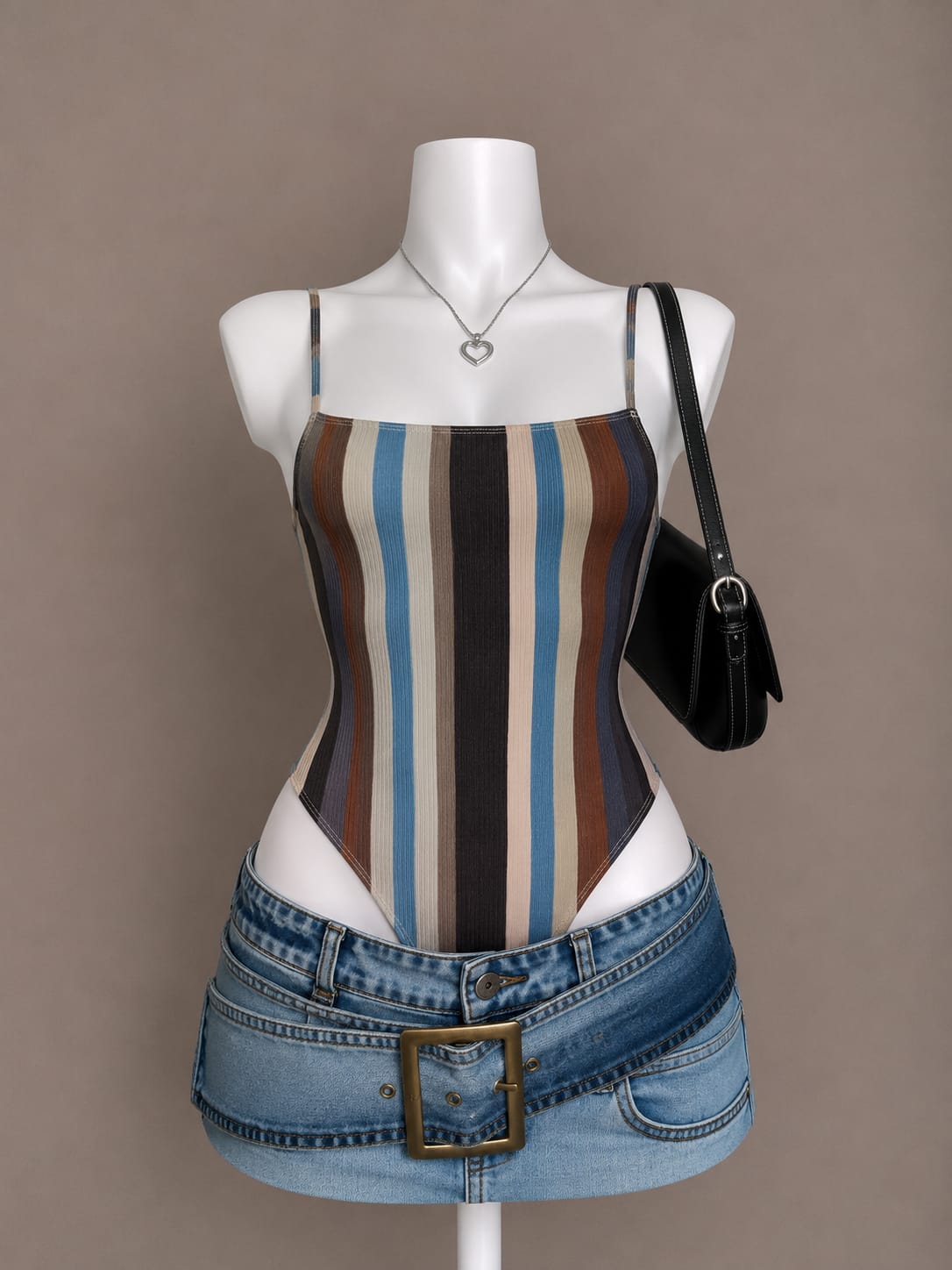 Brown blue beige vertical stripe ribbed bodysuit – front view on mannequin