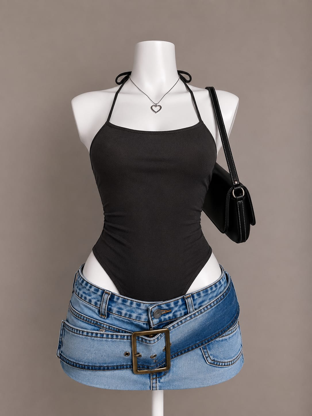 Black ribbed halter neck bodysuit – front view on mannequin