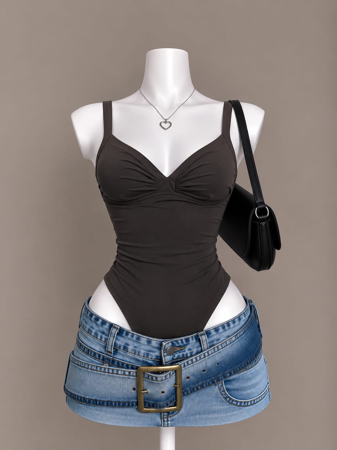 Dark brown ruched V-neck spaghetti strap bodysuit – front view on mannequin