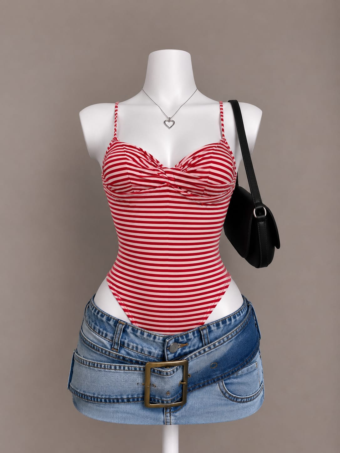 Red and white horizontal stripe knot detail bodysuit – front view on mannequin