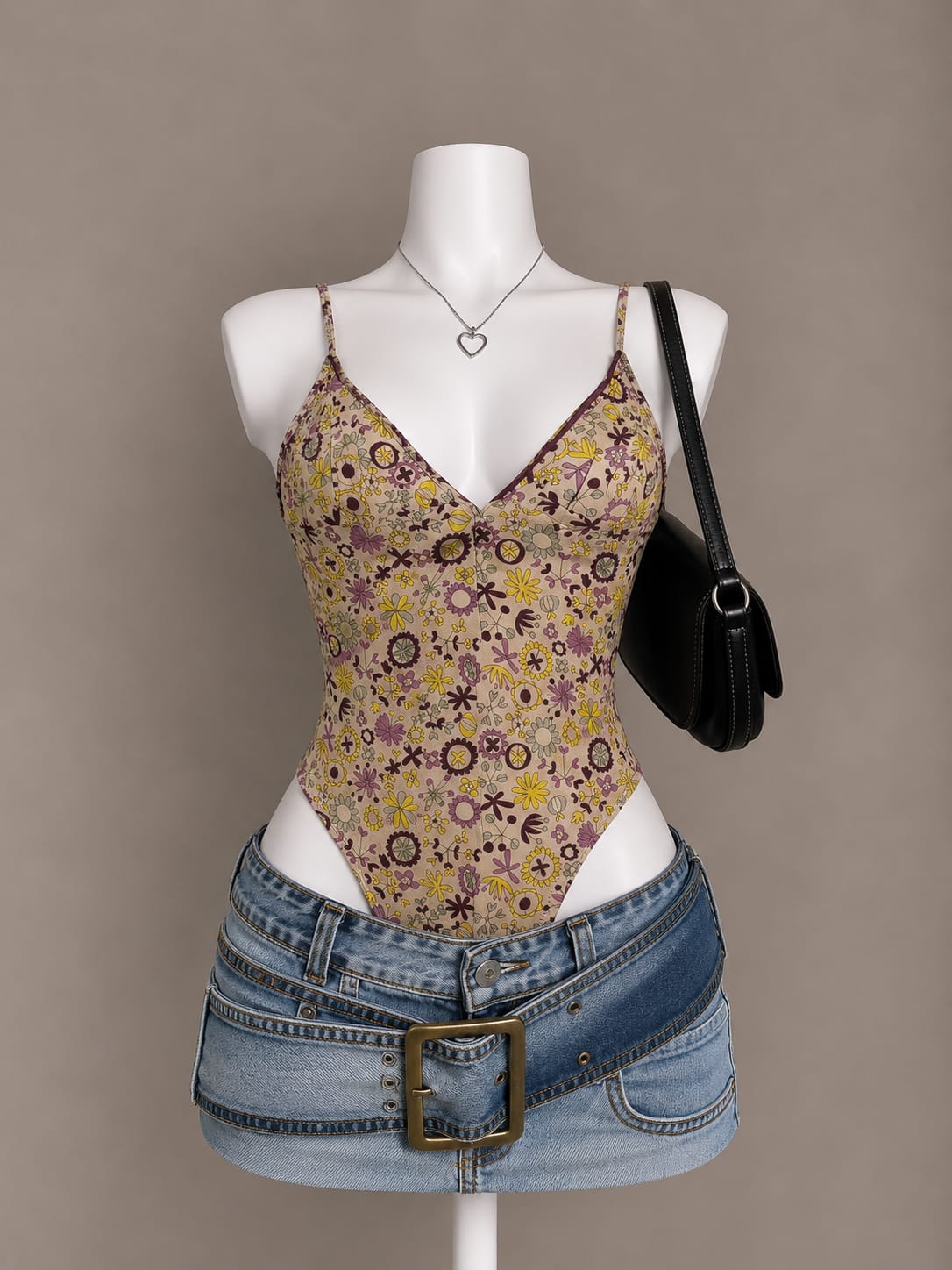 Beige retro floral print V-neck spaghetti strap bodysuit – front view on mannequin