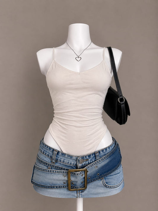Cream ruched spaghetti strap scoop neck bodysuit – front view on mannequin