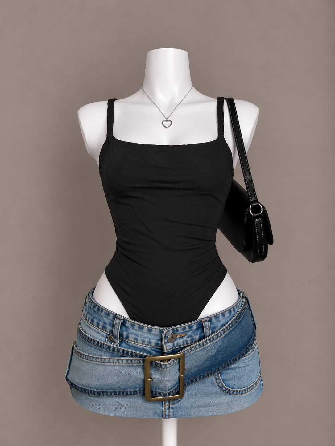 Black square neck ruched bodysuit – front view on mannequin