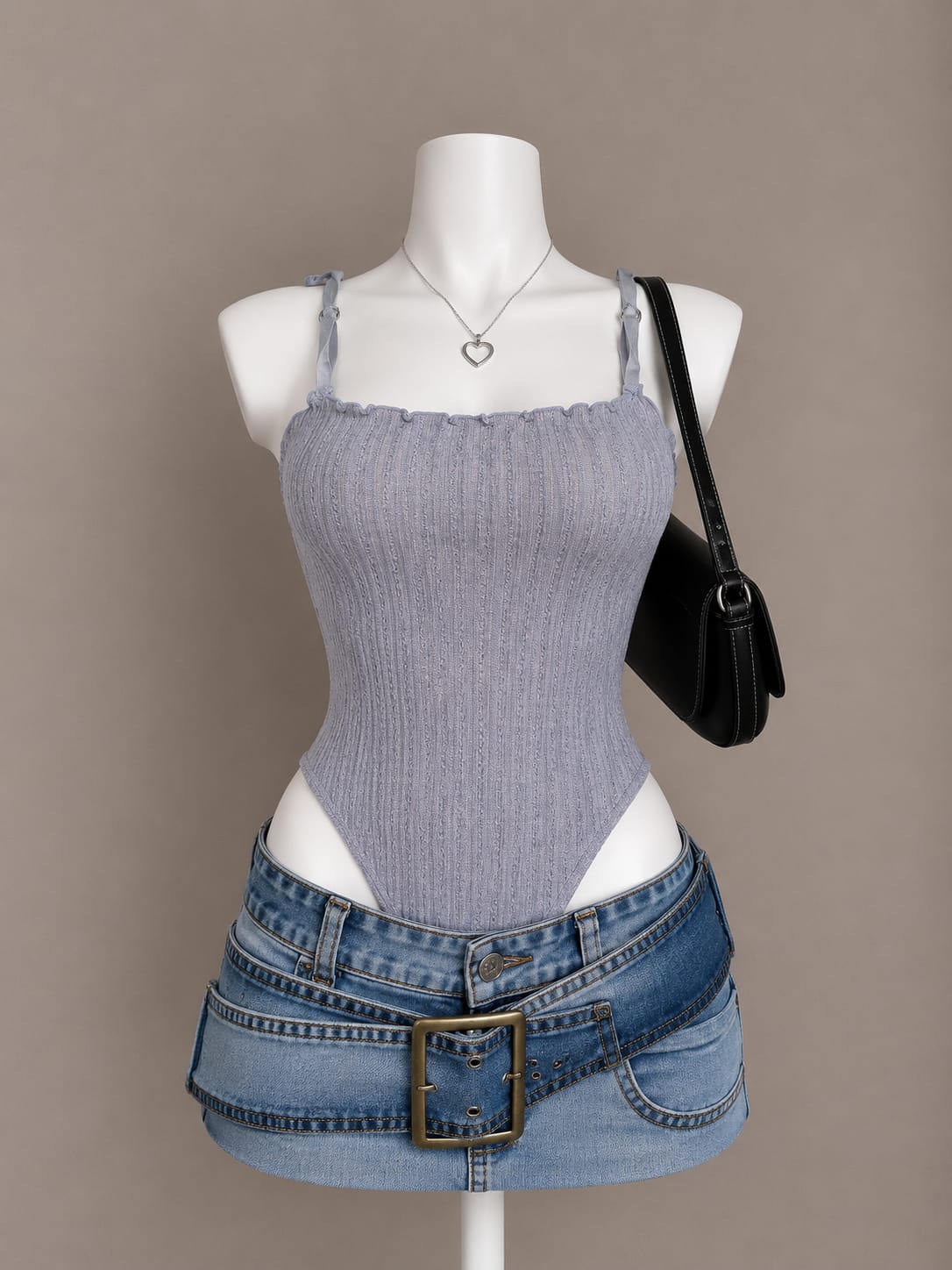 Lavender ribbed frill edge square neck bodysuit – front view on mannequin