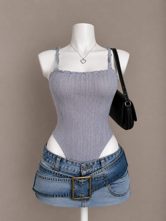 Lavender ribbed frill edge square neck bodysuit – front view on mannequin
