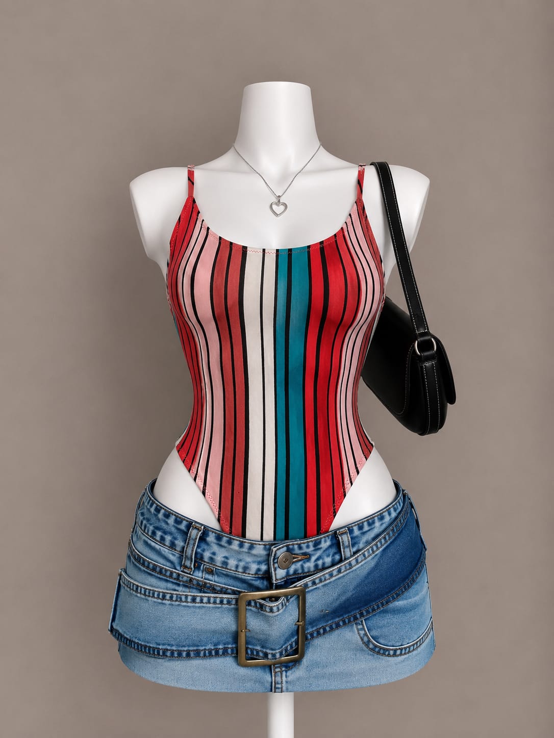 Multicolour vertical stripe scoop neck spaghetti strap bodysuit – front view on mannequin