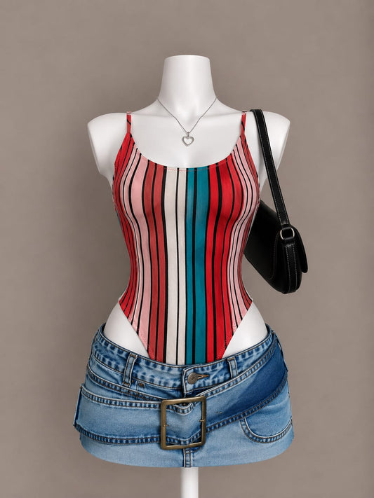 Multicolour vertical stripe scoop neck spaghetti strap bodysuit – front view on mannequin