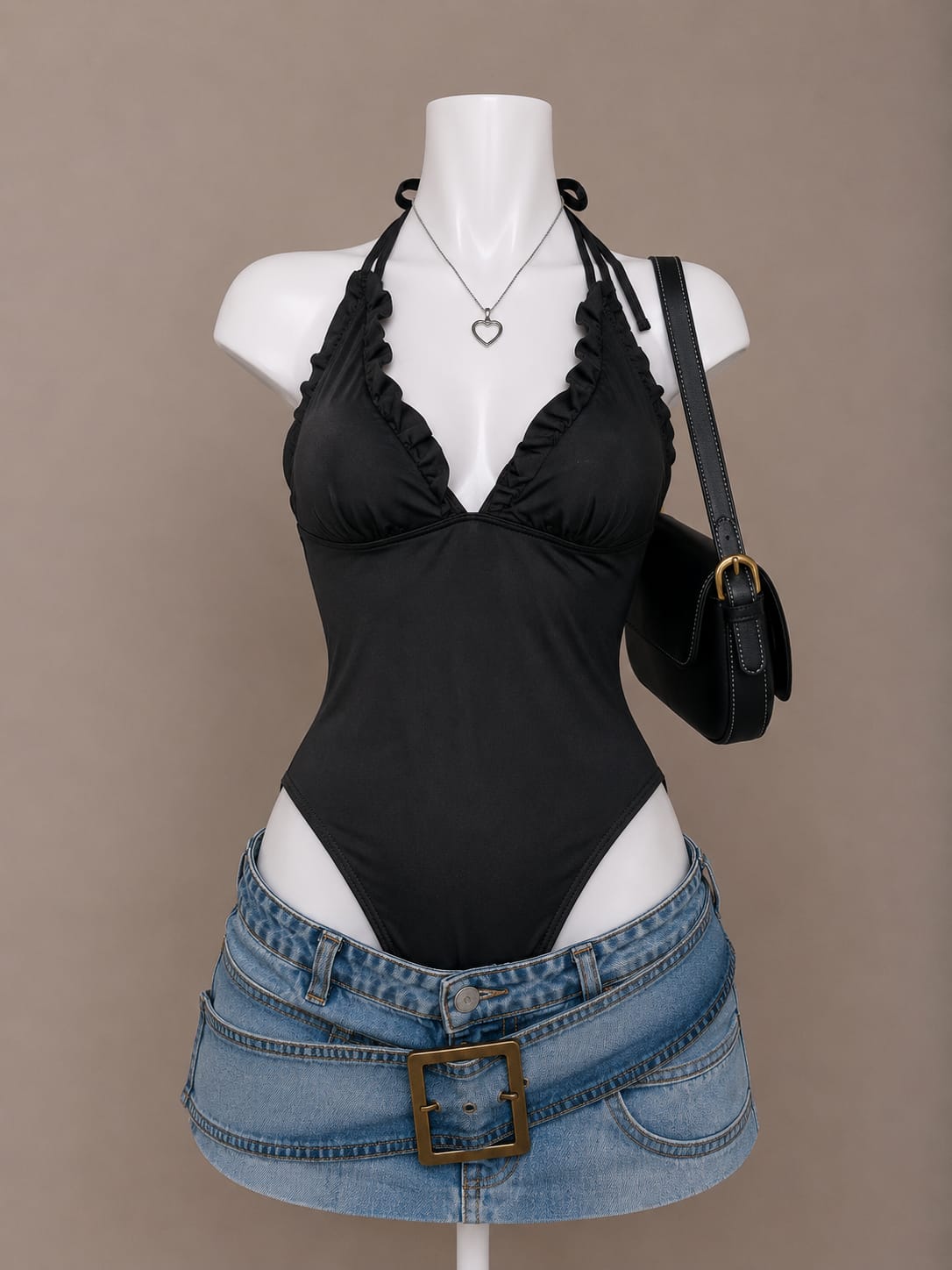 Black ruffle trim deep V halter neck bodysuit – front view on mannequin