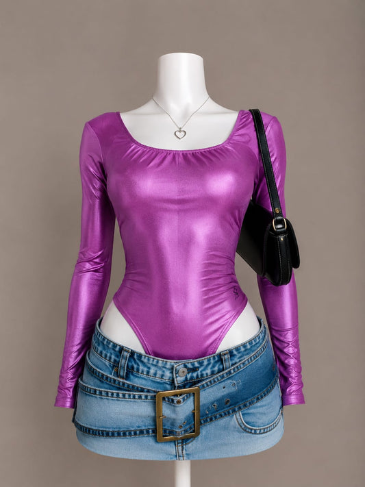 Purple Metallic Long Sleeve Bodysuit