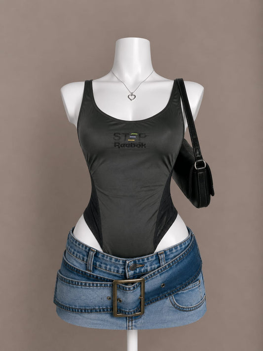 Charcoal graphic print sleeveless bodysuit on mannequin