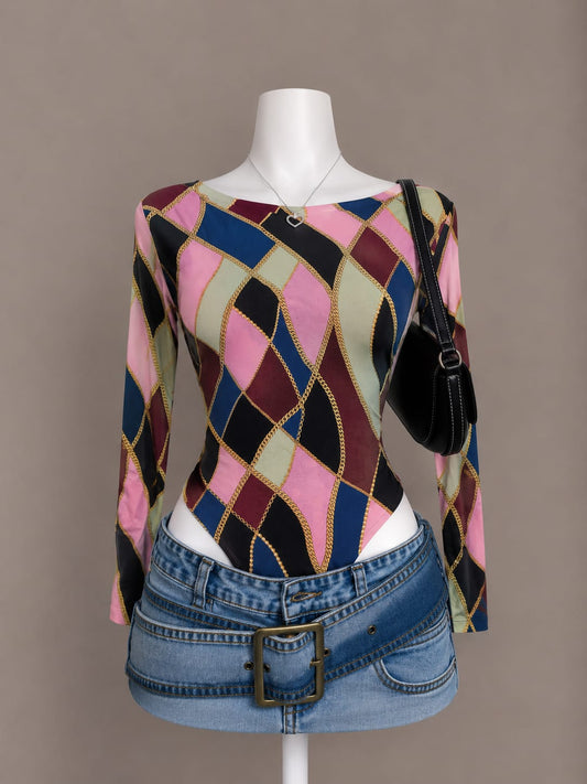 Multicolor geometric diamond print long sleeve bodysuit on mannequin