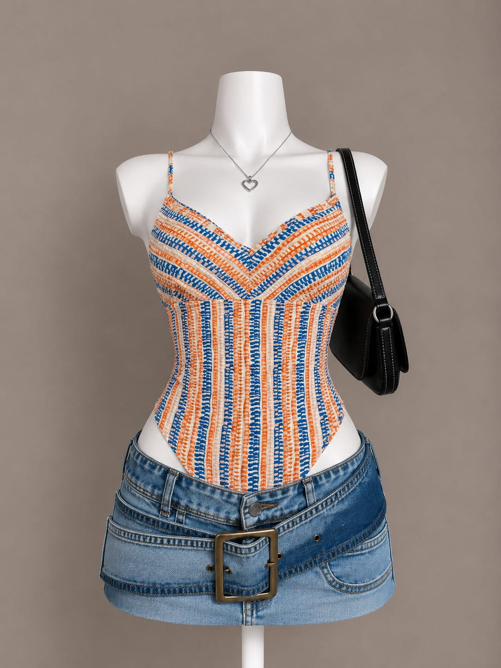 Orange and blue crochet stripe spaghetti strap bodysuit on mannequin