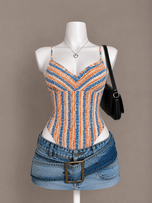 Orange and blue crochet stripe spaghetti strap bodysuit on mannequin