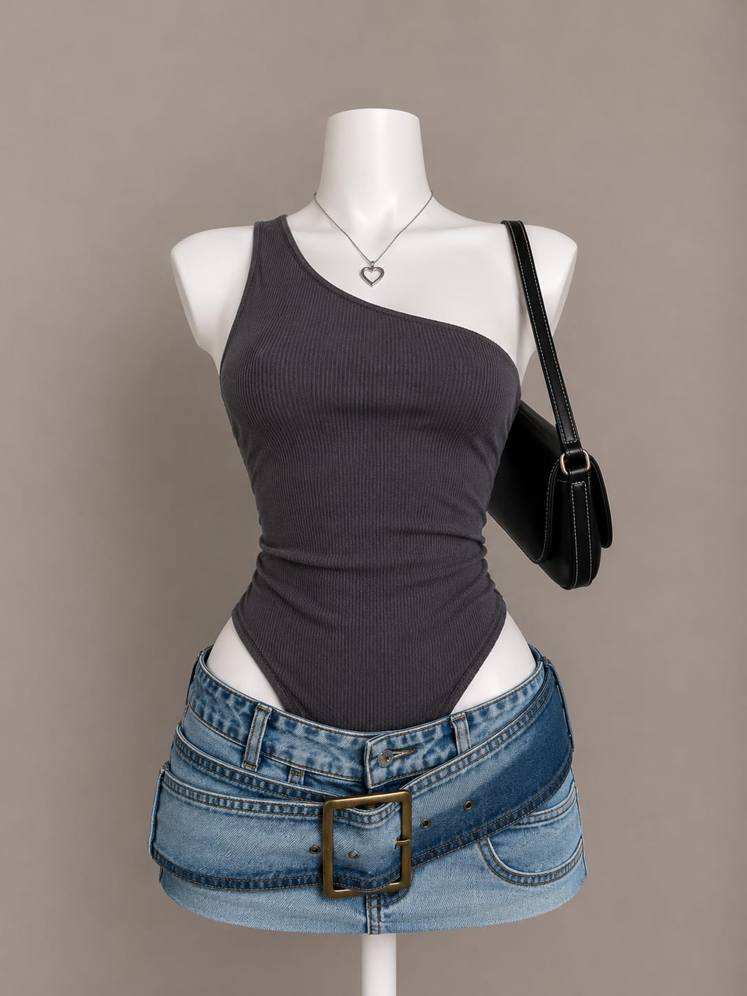 Charcoal ribbed one-shoulder sleeveless bodysuit on mannequin