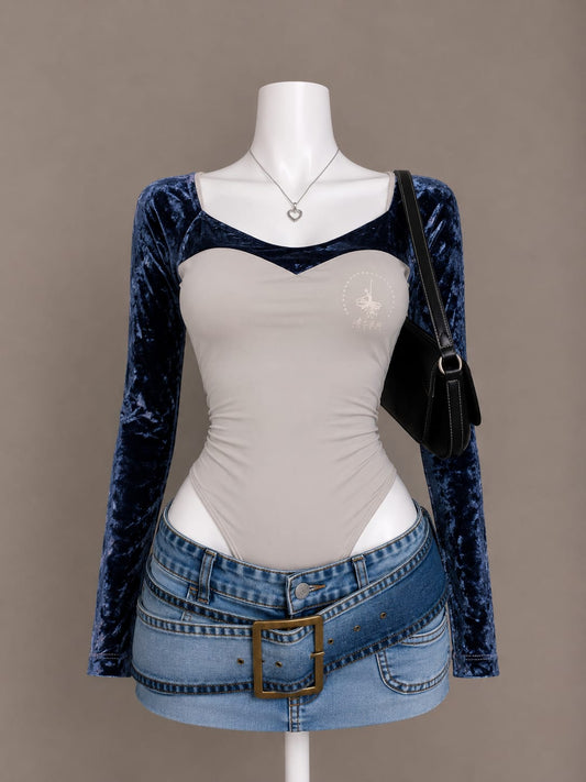 Grey and blue crushed velvet sleeve sweetheart bodysuit on mannequin