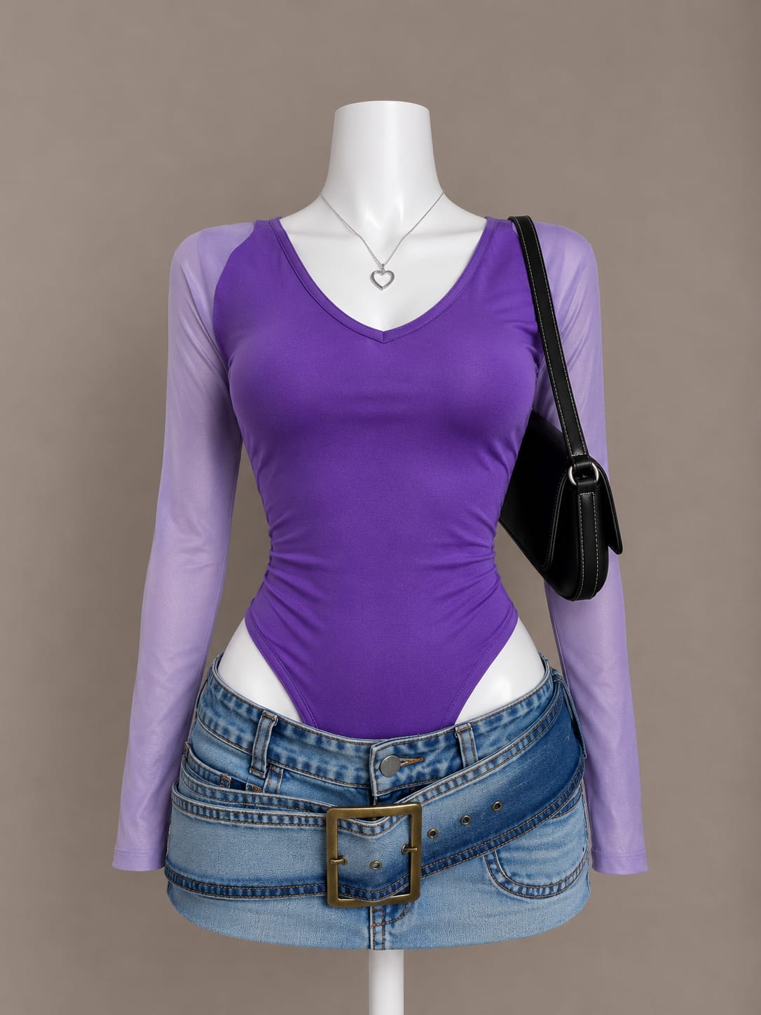 Purple two-tone mesh sleeve V-neck ruched bodysuit on mannequin