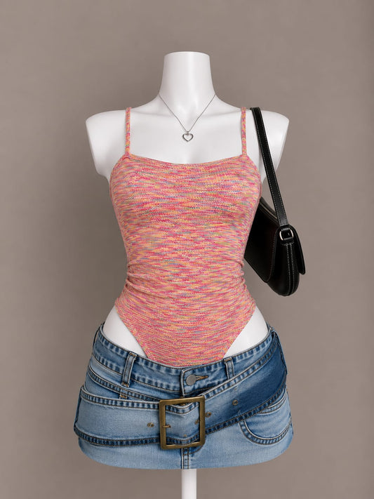 Pink space-dye knit spaghetti strap ruched bodysuit on mannequin